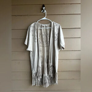 Suede Boho Kimono / Coverup - Size Small - Beige Neutral Western Fringe